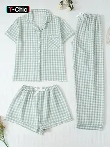 Three-Piece Women's Plaid Print Short Sleeve Button Front Top with Pockets and Bow Shorts, Casual Loungewear Home Wear Set for All Seasons