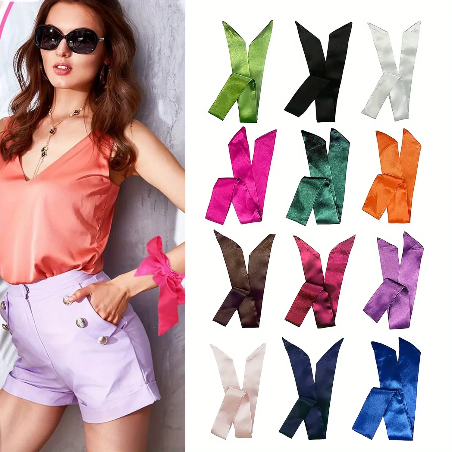12Pcs Versatile Multicolor Satin Hair Ribbons - Neck Scarf, Purse Handbag Handle Ties, Fashion & Clothes Accessory, Unisex, Casual