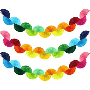 3 Pack Wedding Paper Fans Garland 15.6ft Colorful Background Ceiling Hanging Decorations Set for Birthday Party Supplies 3D Bachelorette Party Decorations (Rainbow)