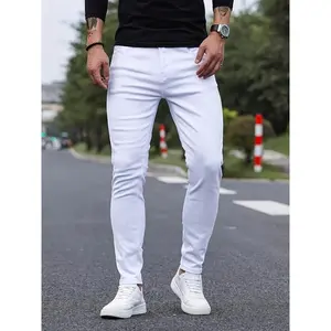 Men'S Skinny Fit Denim Jeans, Casual Mid Waist White Pants, Solid Color Stretch Cotton Blend, with Belt Detail