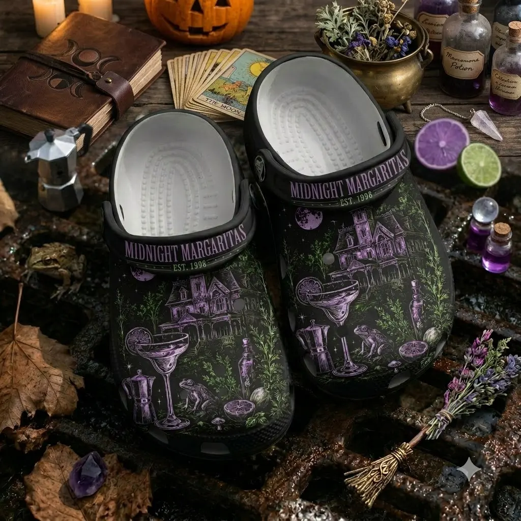 Vintage Midnight Margaritas Gothic Fantasy Book Lover Clogs, Gothic Occult Casual Footwear, Lightweight Comfortable