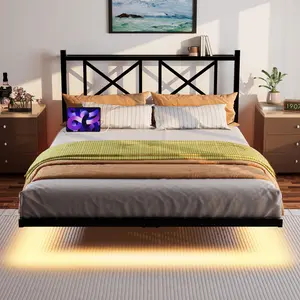 Queen Size Floating Bed Frame with Headboard and Storage, Metal Platform Bed Frame with USB Charging Station and LED Lights, Heavy Duty Steel Slats, Easy Assembly, Black