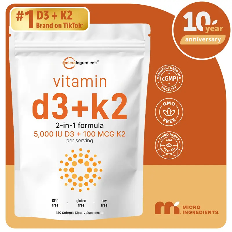 Micro Ingredients Vitamin D3 K2 5000IU Softgels | Infused with Sunflower Seed Oil, Vitamin K2 MK7 + Vitamin D Supplement, Non-GMO, No Gluten 3