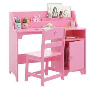 Kids Desk and Chair Set,Study Desk for Kids with Hutch, Storage Cabinet, Wooden Children Study Table, Student Writing Desk Computer Workstation for Kids Bedroom & Study Room,pink