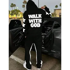Men's Two-Piece Set Walk with God Slogan & Star Print Hoodie, Elastic Waist Pants, Streetwear Faith Y2K Style Fall Winter