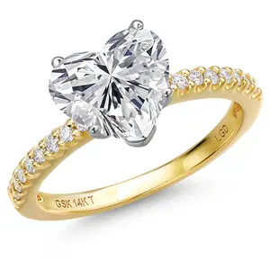 Gem Stone King 14K Two Tone Gold Heart Shape Gemstone Birthstone and Lab Grown Diamond Engagement Ring | Heart Shape 8MM and Round 1.3MM | Wedding Anniversary Promise Gold Ring For Women | Size 5 to 9