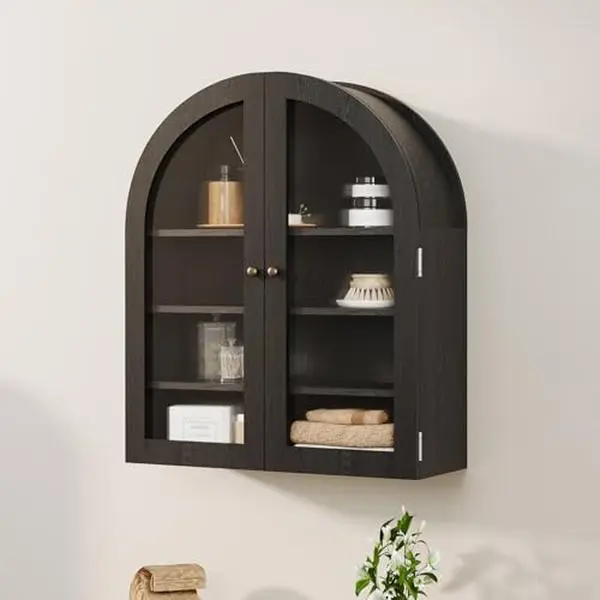 Small Arched Wall Cabinet with Acrylic Doors & Adjustable Shelves,Modern Black Wood Wall-Mounted Storage Cabinet for Kitchen,Bathroom,Laundry Room,Compact & Space-Saving- Black