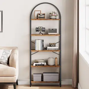 Bookshelf Tall Bookcase Arched Standing Bookshelves Modern Display Racks 5 Tier Storage Rack Shelf Large Wood Book Shelf for Bedroom, Living Room, Home Office Metal Organiser Adjustable Fitting Installation Smooth Water Proof Wooden