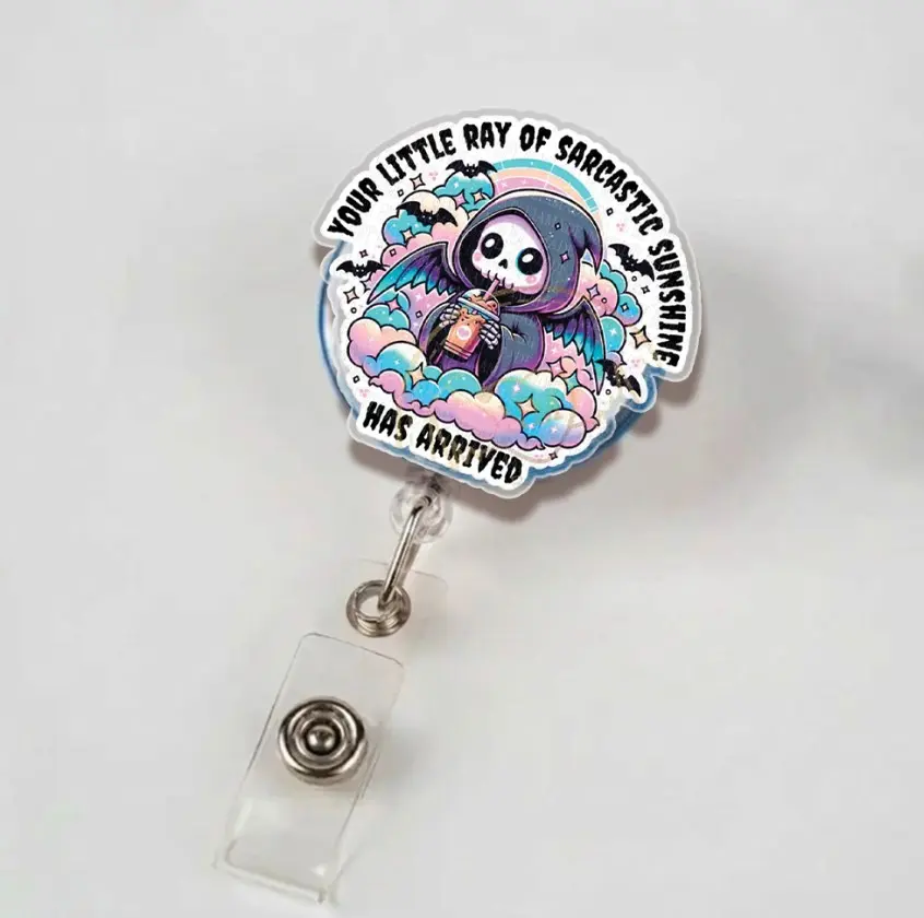 NataliaMade Funny Retractable Badge Reel- Little Ray of Sarcastic Sunshine Grim Reaper ID Badge Holder for Nurses, Retail Workers, Teachers, Servers, Dark Humor Unhinged Name Badges for Healthcare Staff