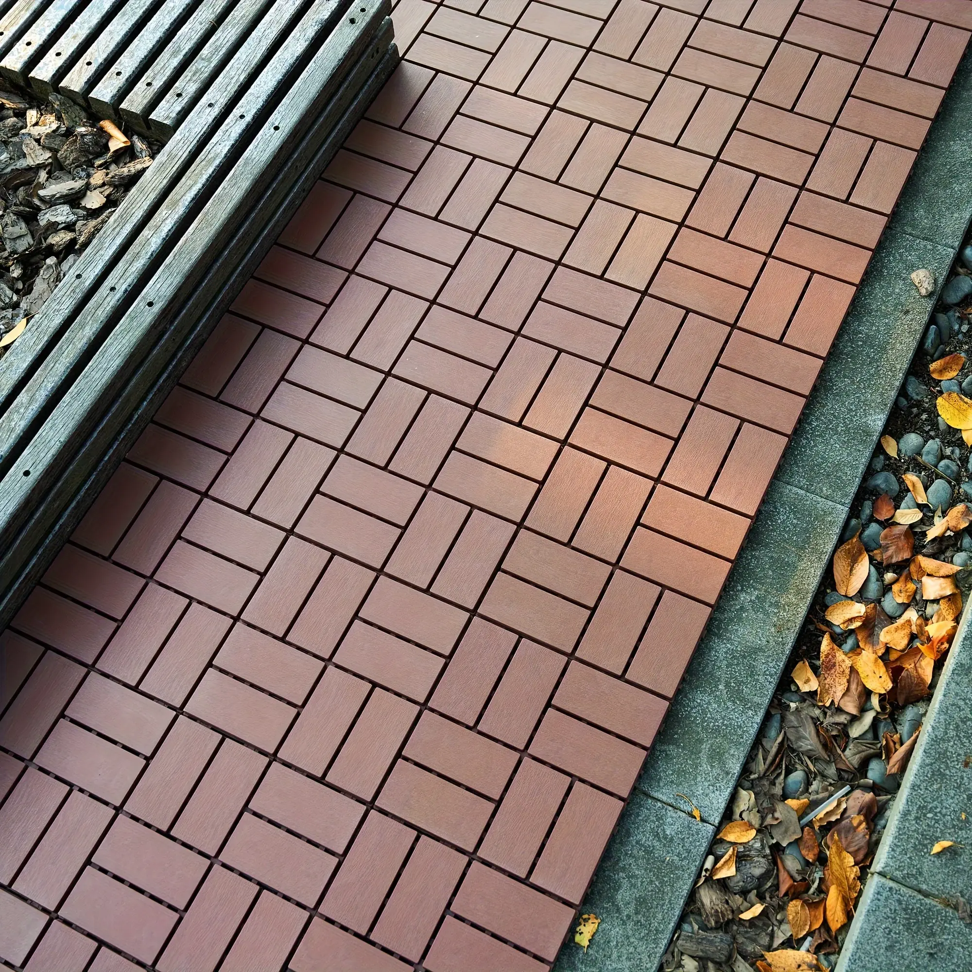 ZUGELAN 44-Pack 12x12 in Brown Interlock Snap Deck Floor Tiles, Durable Polypropylene Waterproof Click-Parquet Box Set for Patio, Balcony