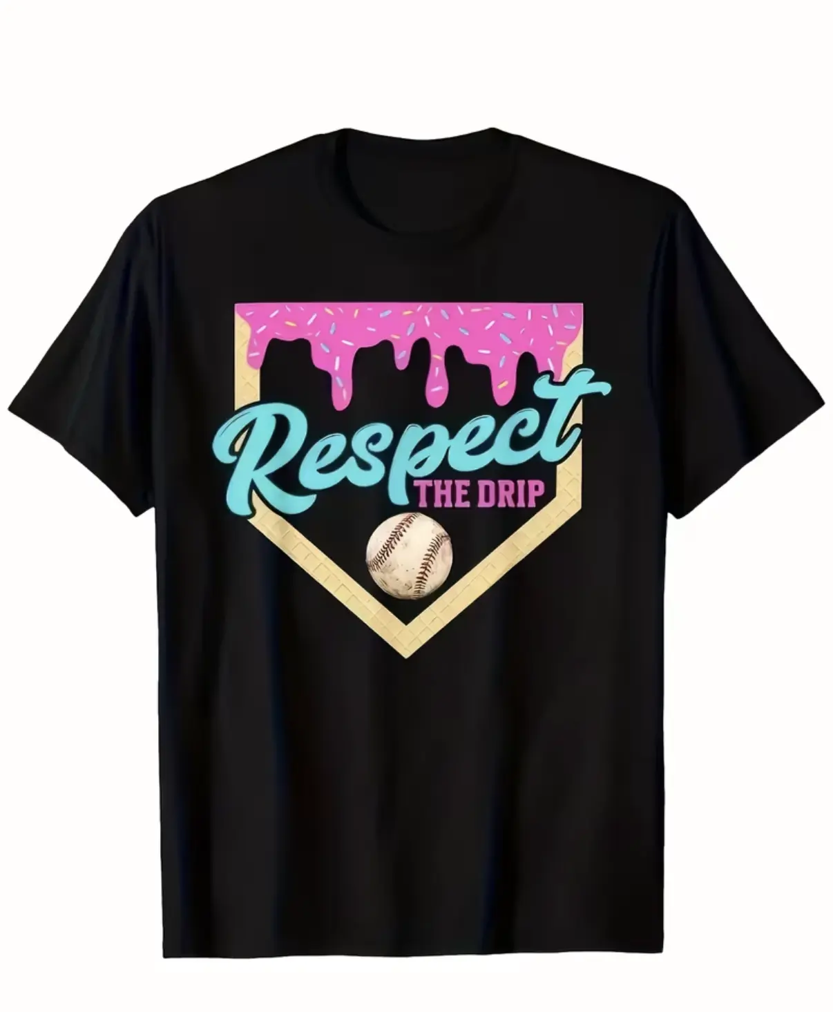 Respect The Drip Baseball Ice Cream Graphic Tee, Men's 100% Cotton Short Sleeve T-Shirt, Vintage Graphic Tees Casual Streetwear Top, Baseball Lover Summer Daily Outfit & Funny Gifts For Him