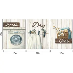 laundry room decor Pictures Wash Dry Fold Laundry Decor Signs Laundry Wall Decor Framed Canvas Wall Art 12x16inchx3 Piece (Brown)