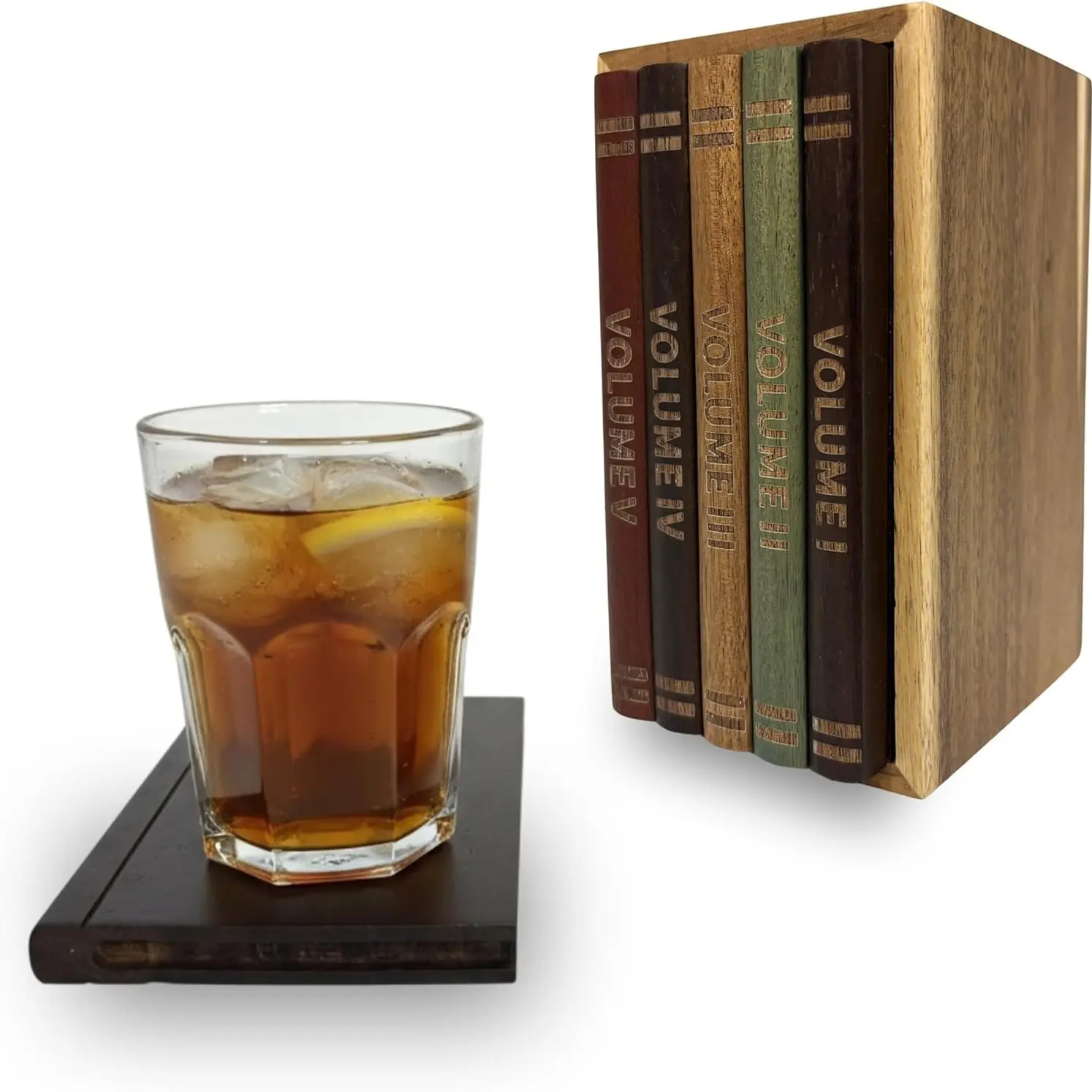Book-Shaped Coasters Set of 5, 100% Teak Wood, Includes Wooden Base, Perfect for Coffee, Tea, Cocktails, Eye-Catching Desk Decor, Coasters For Drinks