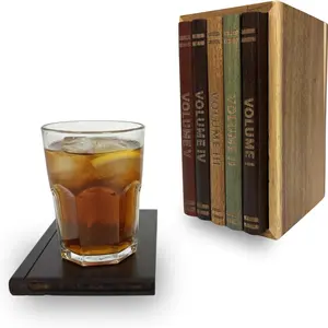 Book-Shaped Coasters Set of 5, 100% Teak Wood, Includes Wooden Base, Perfect for Coffee, Tea, Cocktails, Eye-Catching Desk Decor