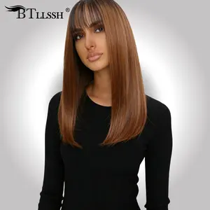 【Blend】BTLLSSH Glueless Straight Bob Wigs with Bangs Blend Human Hair Lace Front Wig Ombre Brown Pre Plucked Hairline for Women