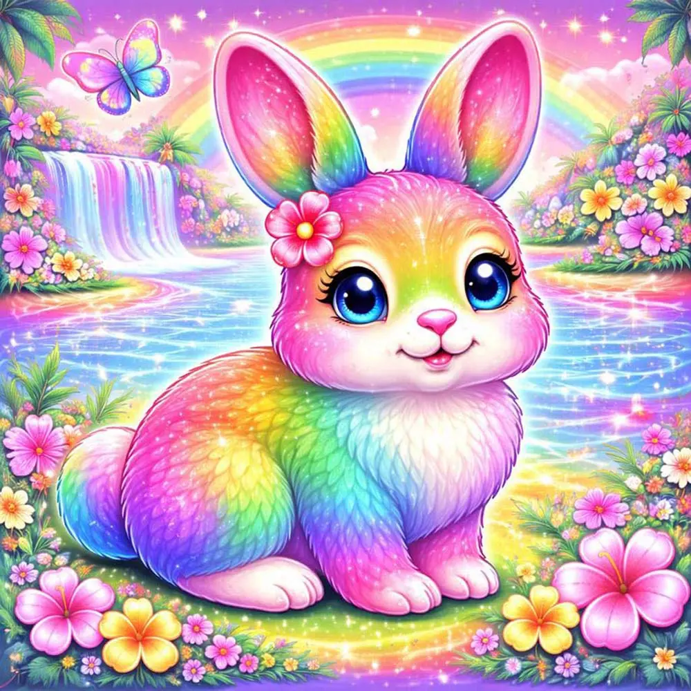 5D DIY Full Diamond Round Diamond Painting - Diamond Painting Kit, Rainbow Rabbit, Mosaic Canvas DIY Wall Art, Home Wall Decoration