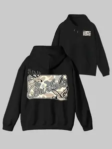 Men's Black Hunting Camo Hoodie, Burlebo Graphic with Deer & Duck Animal Design, Front Small Camo Patch & Back Large Print Apparel, Oversized Relaxed Fit Outdoor Hooded Sweatshirt, Perfect for Hunting Trips