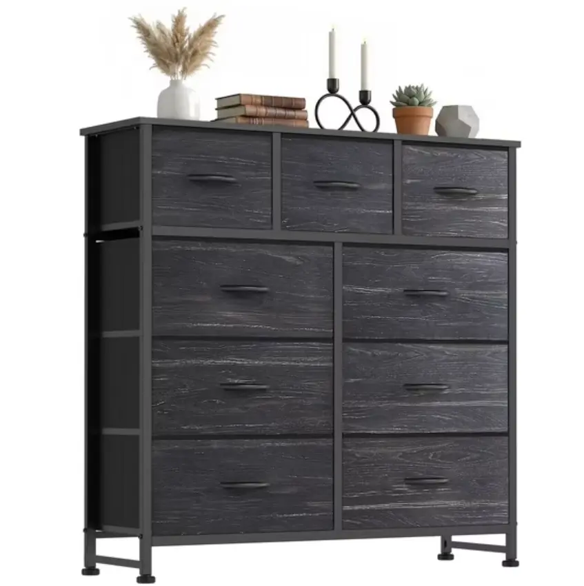 CONCETTA 9-Drawer Fabric Dresser Storage Chest for Bedroom, Closet, Storage Furniture for Adults, Black Wood