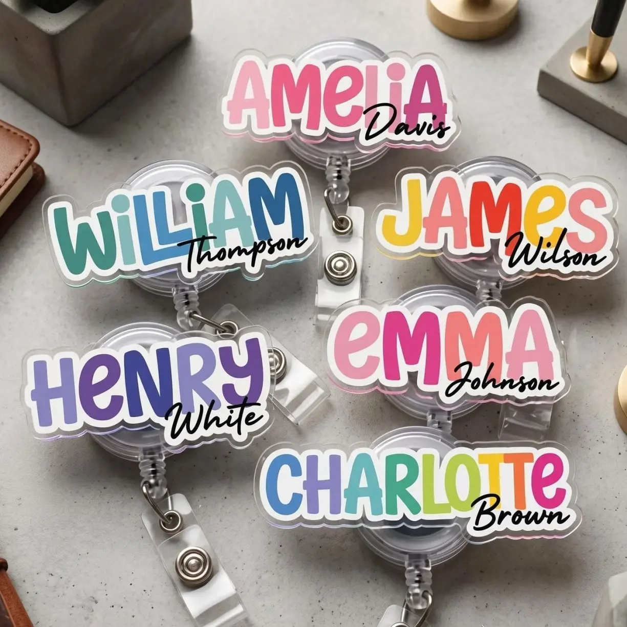 Custom Colorful Name Acrylic Badge Reel, Personalized Name Retractable ID Holder, Cute Custom Badge Clip