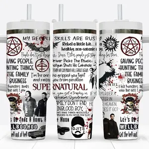 Supernatural TV Series Tumbler 40oz with Handle, Winchester Brothers Dean Sam Fan Gift, Demon Hunter Aesthetic Cup, Carry On My Wayward Son Mug, Dark Fantasy Travel Mug, Stainless Steel Tumbler