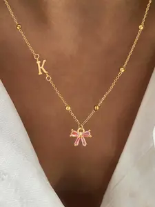 Women's Classic Stainless Steel Beaded Chain Necklace, Casual Letter Bowknot Pendant Design, All-Season Fashionable Jewelry Accessories
