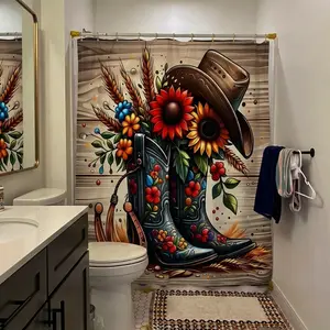 Cowboy and Sunflower Pattern Bathroom Decor Set, 4-Piece Set, including shower curtain, toilet seat cover, bath mat, and U-shaped mat, bathroom accessories, Bathroom Decoration Accessories