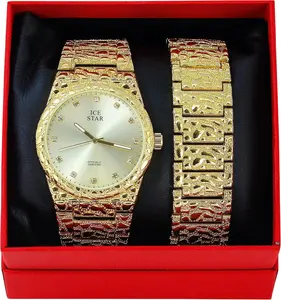 Men Wristwatch Iced Luxury Hip Hop Golden Nugget Bling Wrist Metal Shiny Fashion Watch & Bracelet Gift, Quartz Movement, Analog