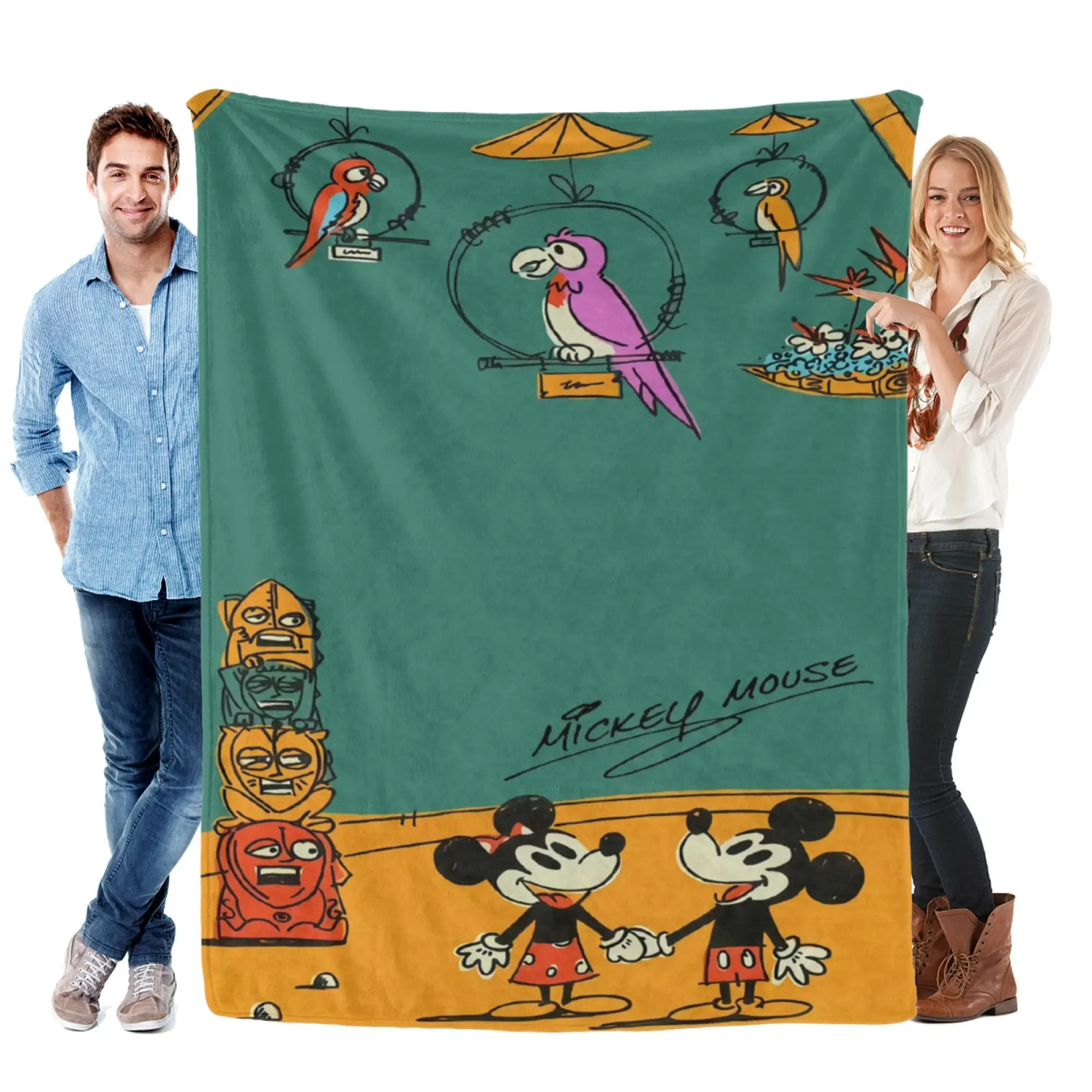 [SummerVibes] DISNEY CLASSIC Mickey & Minnie Tropical Tiki Flannel Blanket, Soft 2D Retro Cartoon Print Throw for Home, Couch, Camping & Office Nap