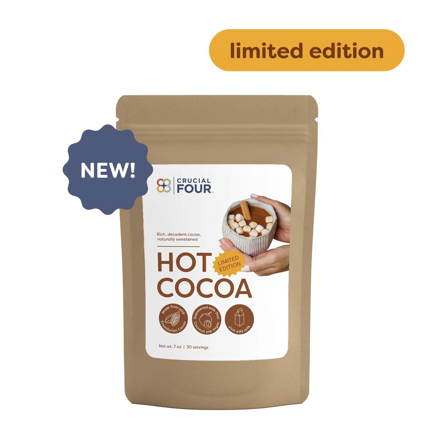 Crucial Four Hot Cocoa Limited Edition - Healthy 4 Ingredient Blend with Ecuador Cacao Monk Fruit Coconut Sugar & Sea Salt