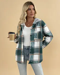 Oversized Green Plaid Shacket for Women Hooded Button Down Shirt Jacket Lightweight Woven Fabric Perfect for Fall Winter Casual Outfits Layering Blouses Day - Piece, Tops