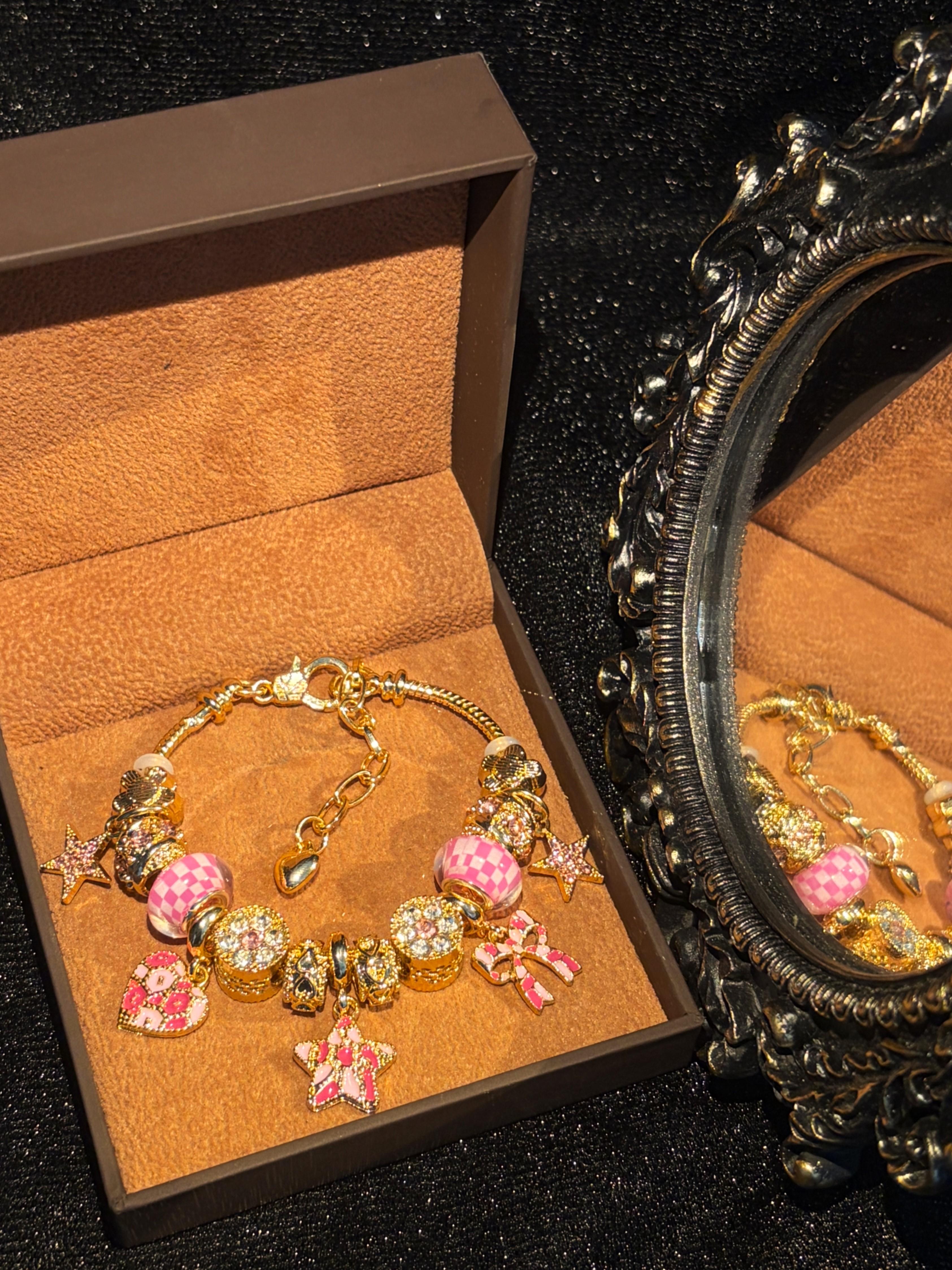 Women's Gold-Tone Pink Enamel Beaded Charm Bracelet with Bow, Star, Heart Accents - Sweet Girly Costume Jewelry Gift
