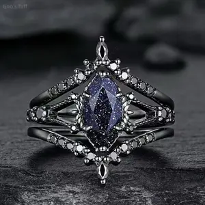 3-Piece Gunmetal Matte Dark Tone Stackable Ring Jewelry Set, Starry Shimmer Crystal Black Warrior Design, for Street Hip Hop Night Festival Daily Outfits