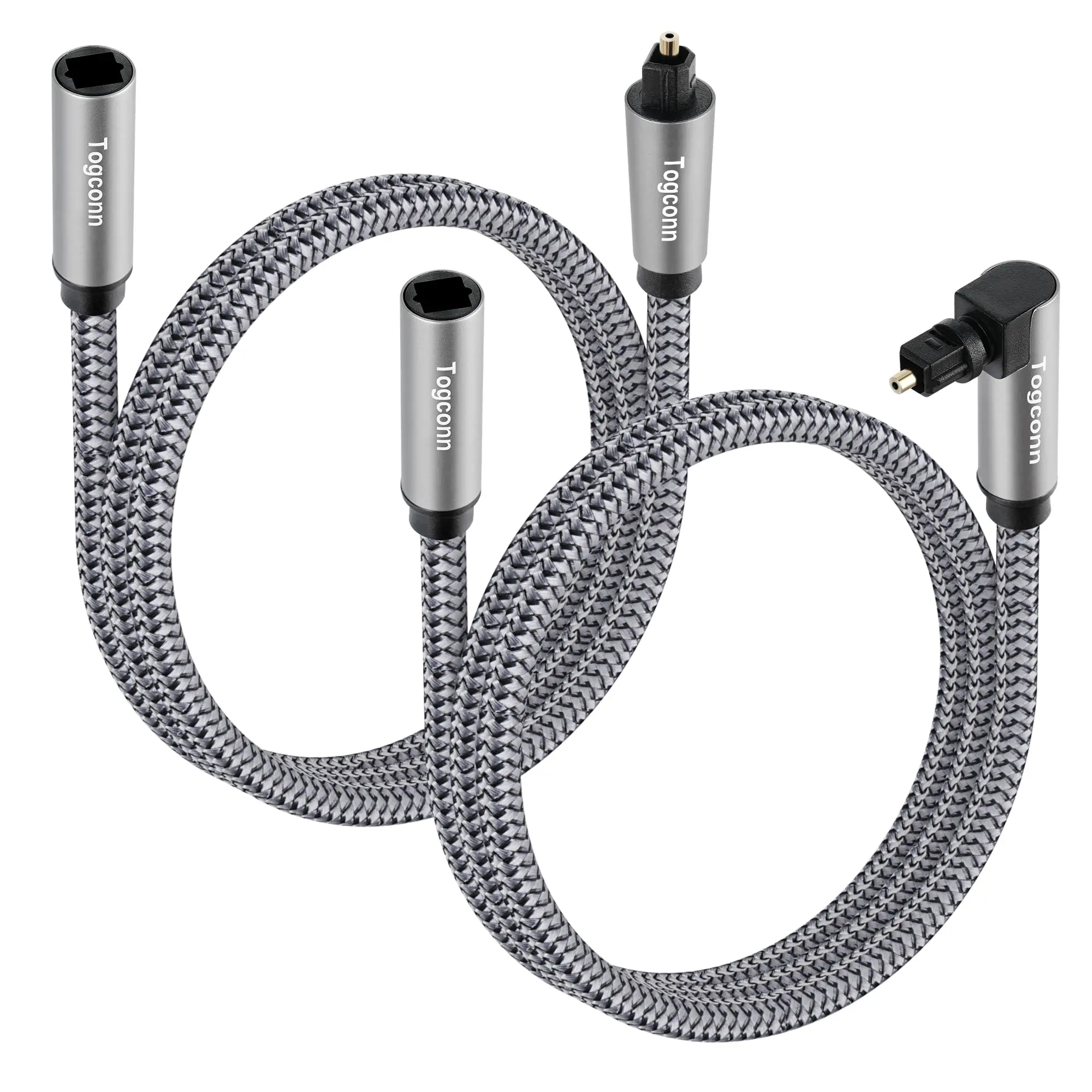 Optical Extension Fiber Digital Cable Adapter 4 Feet(2 Pack)  90 Degree Right Angle & Straight Male To Female Coupler Toslink Audio Nylon Braided For Home Theater Soundbar Tv And More