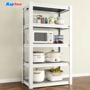 Raybee Heavy Duty Utility Racks Adjustable White Black Metal Frame 2-Sided Wood Board Storage Shelves for Garage Kitchen Pantry Home or Office Shelf