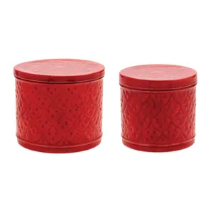 360 stand Multi-Size Metal Canister Set of 2, 5x4.5 in. & 5.5x5 in. Red Iron Container, Vintage Decoration for Holiday Decor