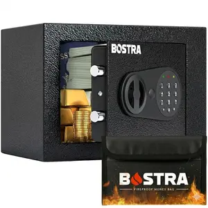Bostra Mini  Money Safe Box for Home with Sensor Light & Fireproof Money Bag - 0.23 Cubic Feet Security Safe Box with Digital Keypad Keys & Pass Code Lock Black for Coin Home Office Hotel Rooms Business Jewelry