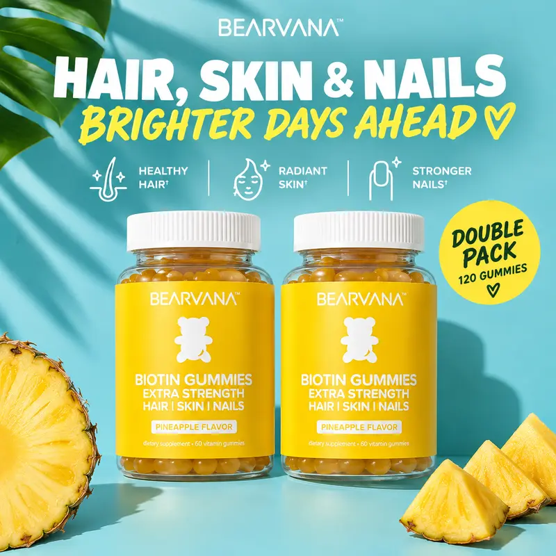 BEARVANA Biotin Chewable Gummies Double Pack - Hair & Nail Care, Vitamin C, Vitamins E, B6 & B12, Pineapple Flavor, 2-Month Supply, 120-Count Beauty & Wellness Supplements
