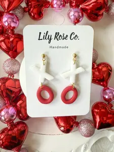 Lily Rose Co. XO Earrings Handmade Polymer Clay Hypoallergenic Stainless Steel Posts Red & White Design