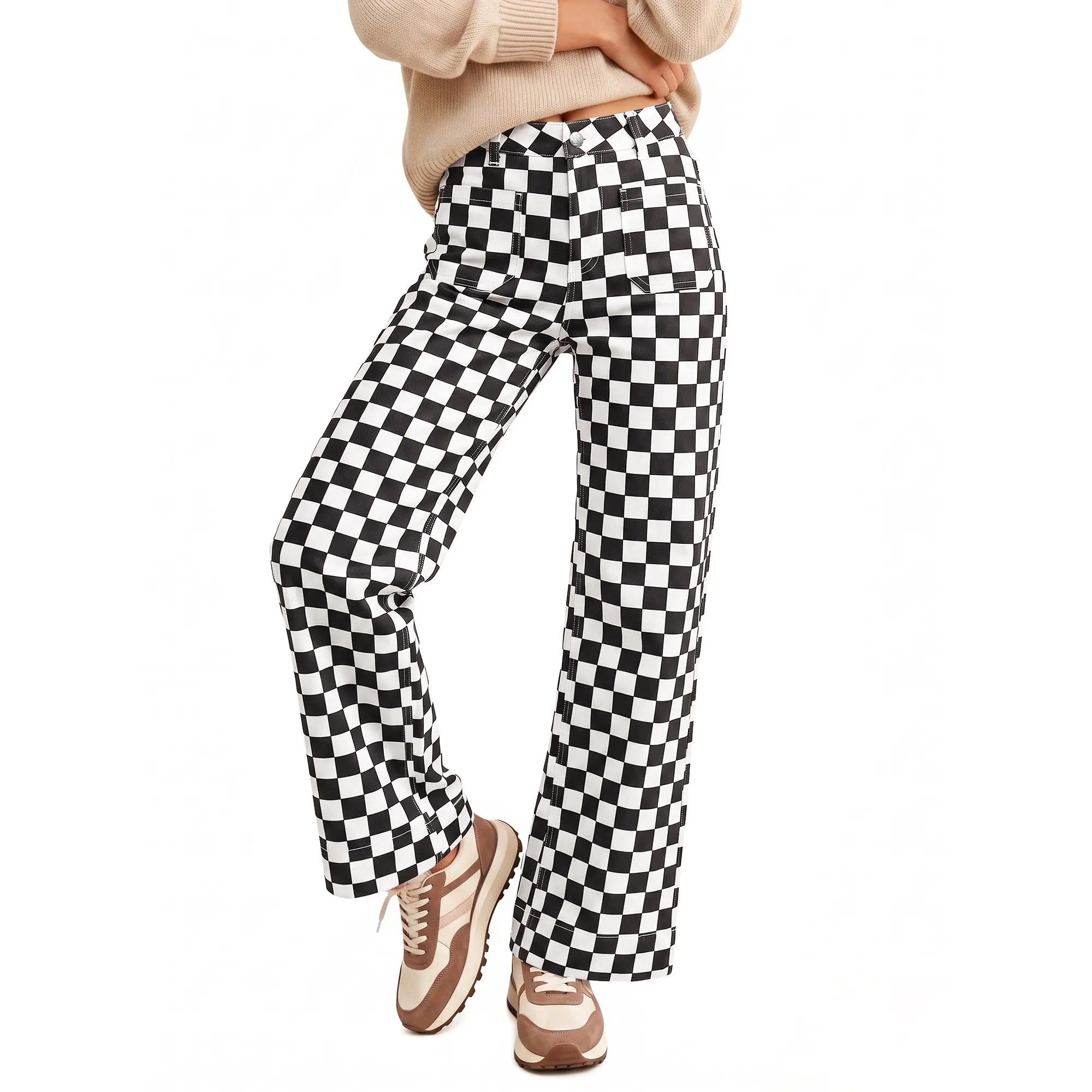GRAPENT Women's Wide Leg Jeans High Waisted Trendy Stretchy Checkered Pants Checkerboard Print, High Rise, Wide-Leg Cut, Front Patch Pockets, Stretch Denim Pants, Weekend Casual, Classic Retro Style