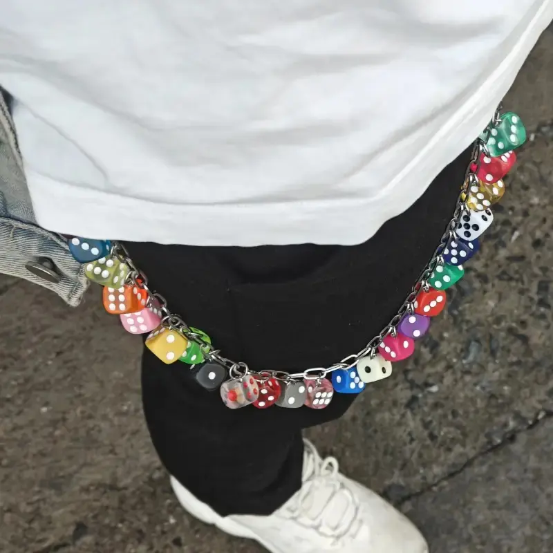 Unisex Hip-Hop Pants Chain with Colorful Resin Dice, Lucky Theme Waist Keychain Lanyard for Casual Streetwear, Keychain Set, Casual Use, Dice Pattern, Bead Keychains, 53Cm