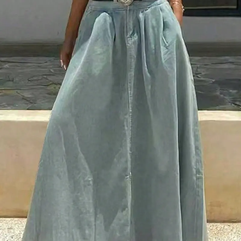 Women's High-Waisted A-Line Light Wash Maxi Denim Skirt Bottom with Pockets, Casual Loose Fit Plain Design, Perfect for Travel & Daily Wear, All-Season Fashion
