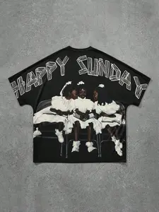 1pc Men's Black Happy Sunday Graphic T-Shirt Vintage Church Girls & Bible Print Heavyweight Cotton Oversized Short Sleeve Retro Christian Streetwear Tee