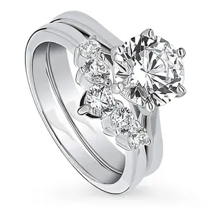 BERRICLE Sterling Silver Solitaire 5-Stone Wishbone Engagement Rings Statement Stackable Band for Women, 2 Carat Round Cut Cubic Zirconia CZ Ring Set