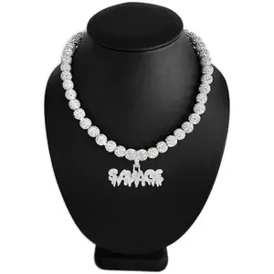 Iced Bling Disco Ball Rhinestone Crystal Bead Baseball Necklace White Silver Savage