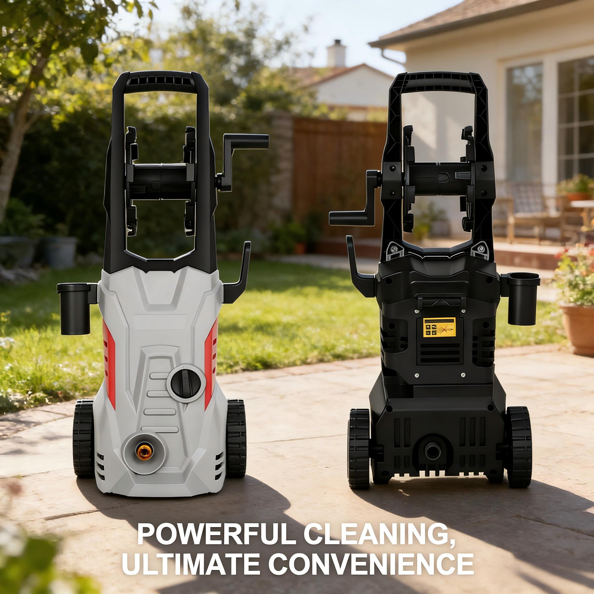 Electric high-pressure washer with adjustable spray nozzles and a hose reel, suitable for cleaning cars, yards, and fences; portable model compliant with U.S. standards.