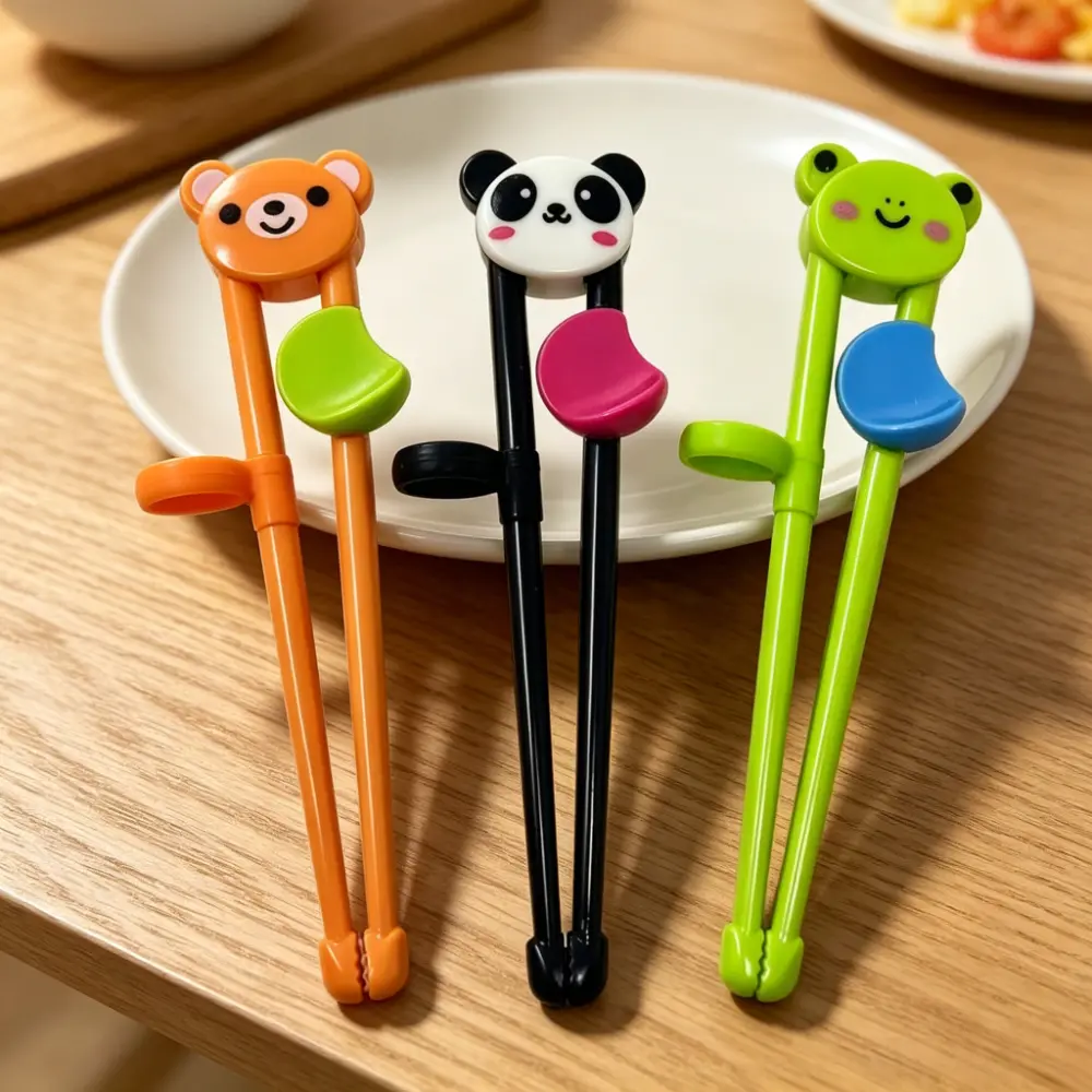 3-Pair Kids Training Chopsticks, Ergonomic Silicone Child Cutlery Set with Animal Toppers, Detachable Rings for Beginners and Daily Meals, Compact