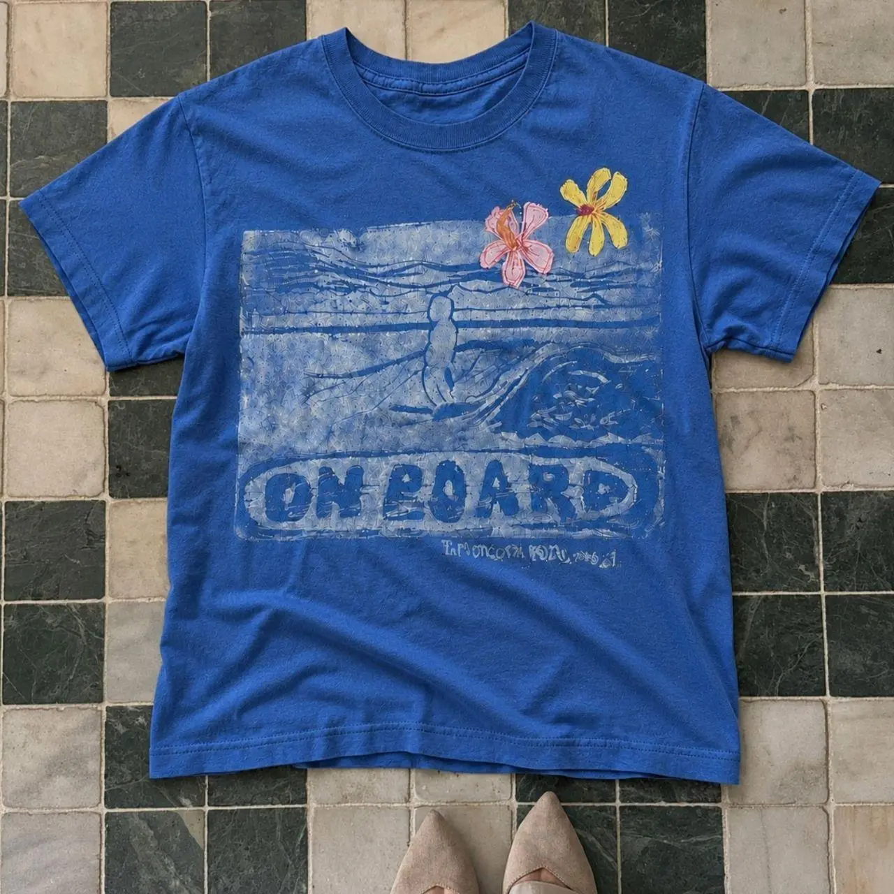 Vintage On Board Surf Hibiscus Flower T-shirt And Baby Tee | Retro Linocut Surfing Graphic Shirt, Beach Vacation Vibes Tee, Tropical Summer Wave Top, Coastal Surf Girl Aesthetic Clothing, Aesthetic Everyday Casual Outfit