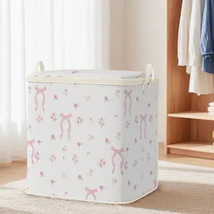 Large Capacity Storage Box with Rose Bow Print, Foldable Fabric Bag for Blankets Quilts Clothes, Durable Home Gift Bedding Organizer Storage