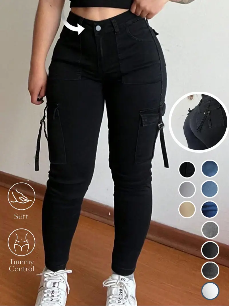 Women's Plain Multi-pocket Denim Cargo Pants, Casual Street Trousers for Everyday Wear, Ladies' Bottoms for All Seasons