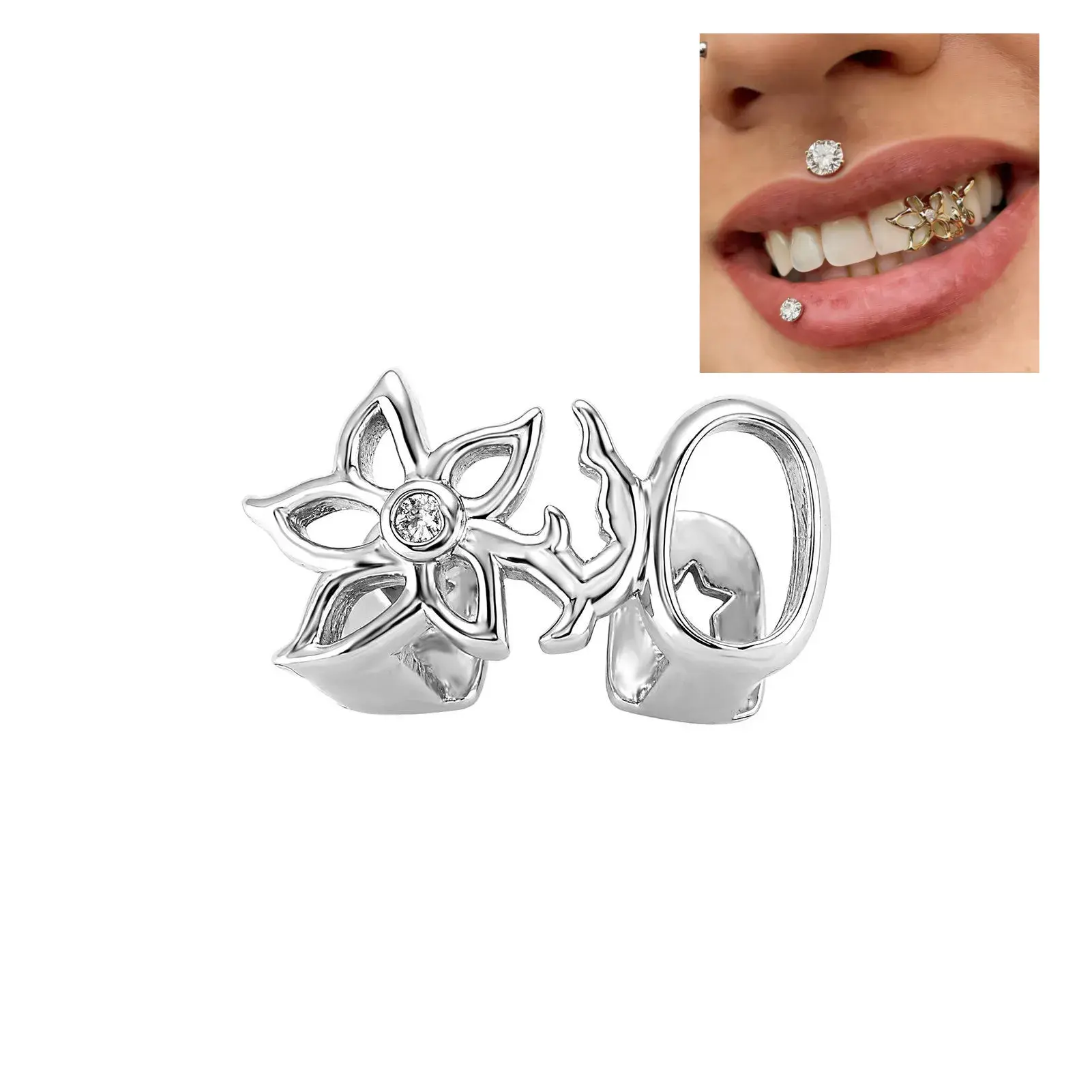 Hollow Flower Shape Tooth Grillz - 1-Piece Gold/Silver Tone Inlaid Crystal Decorative Tooth Caps, Golden Leaf Braces Dental Jewelry for Rave Party, Halloween, Hip Hop Cosplay